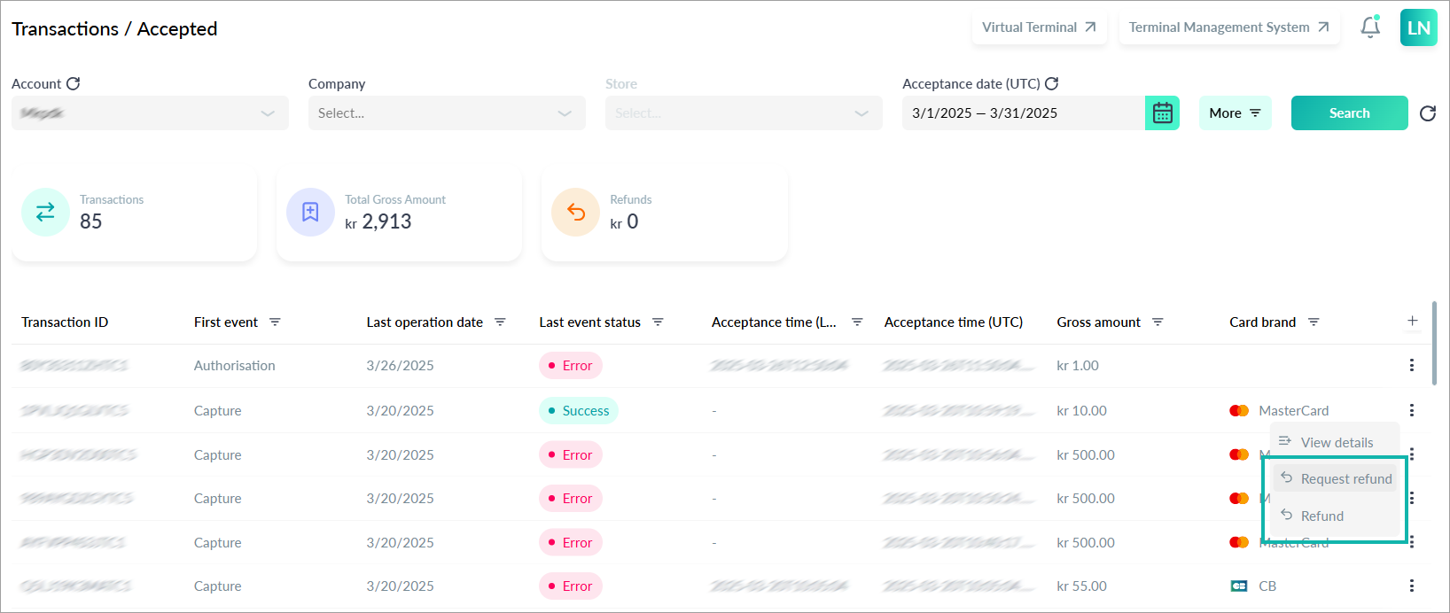 Refund options in the transaction list.