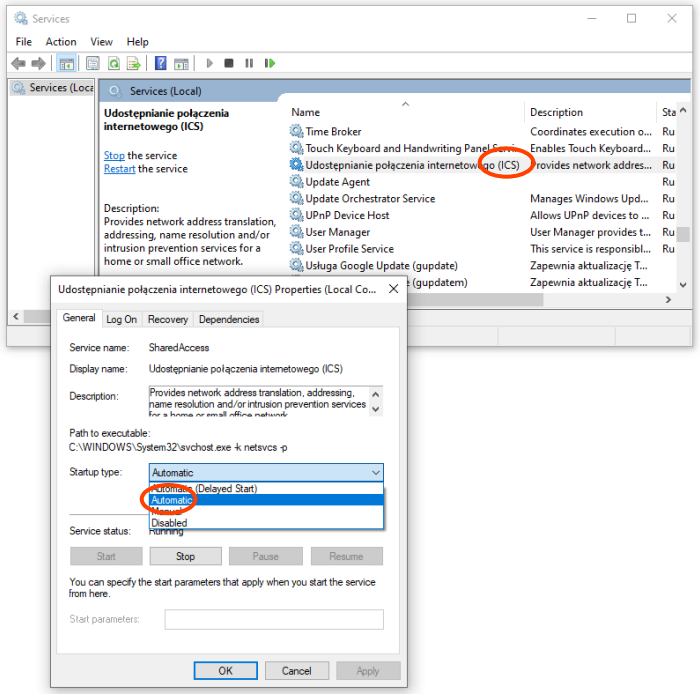 Set ICS service to Automatic